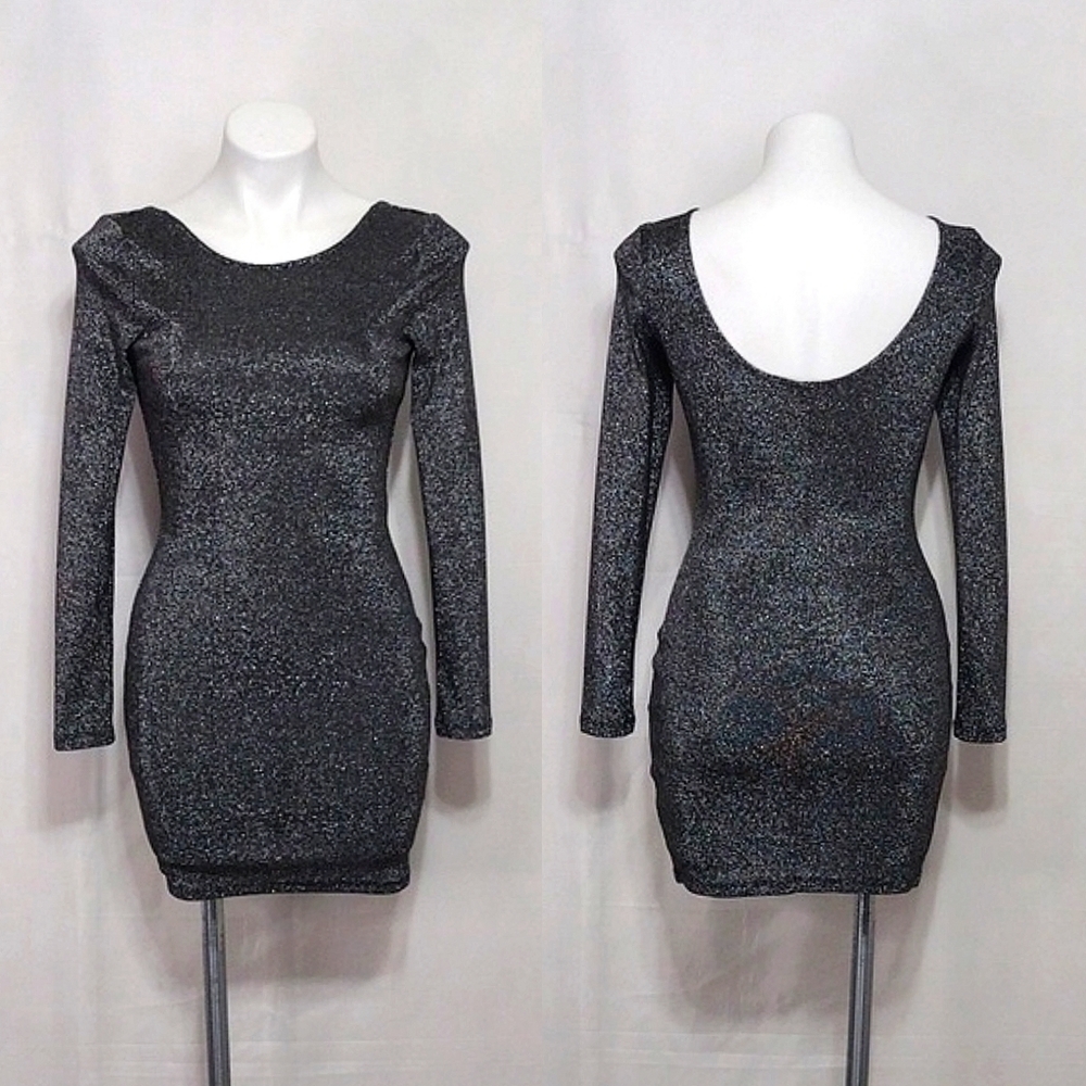H&M Divided Metallic Gray Black Bodycon Party Dress 4 Sexy Backless Long Sleeve